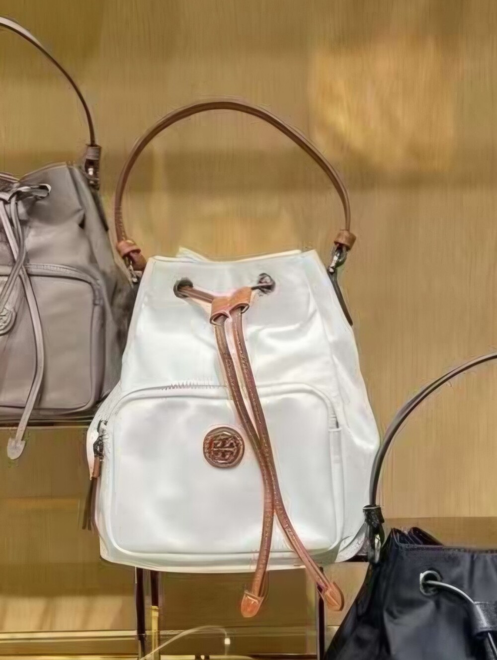 Tory Burch Virginia White Nylon  Drawstring Bucket Bag with Brown Trim